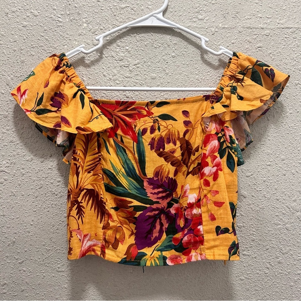 RACHEL ROY TROPICAL PRINT LINEN BLEND CROP TOP S